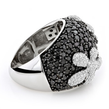 Black CZ Diamond Flower Silver Ring 925 Prata Jóias
